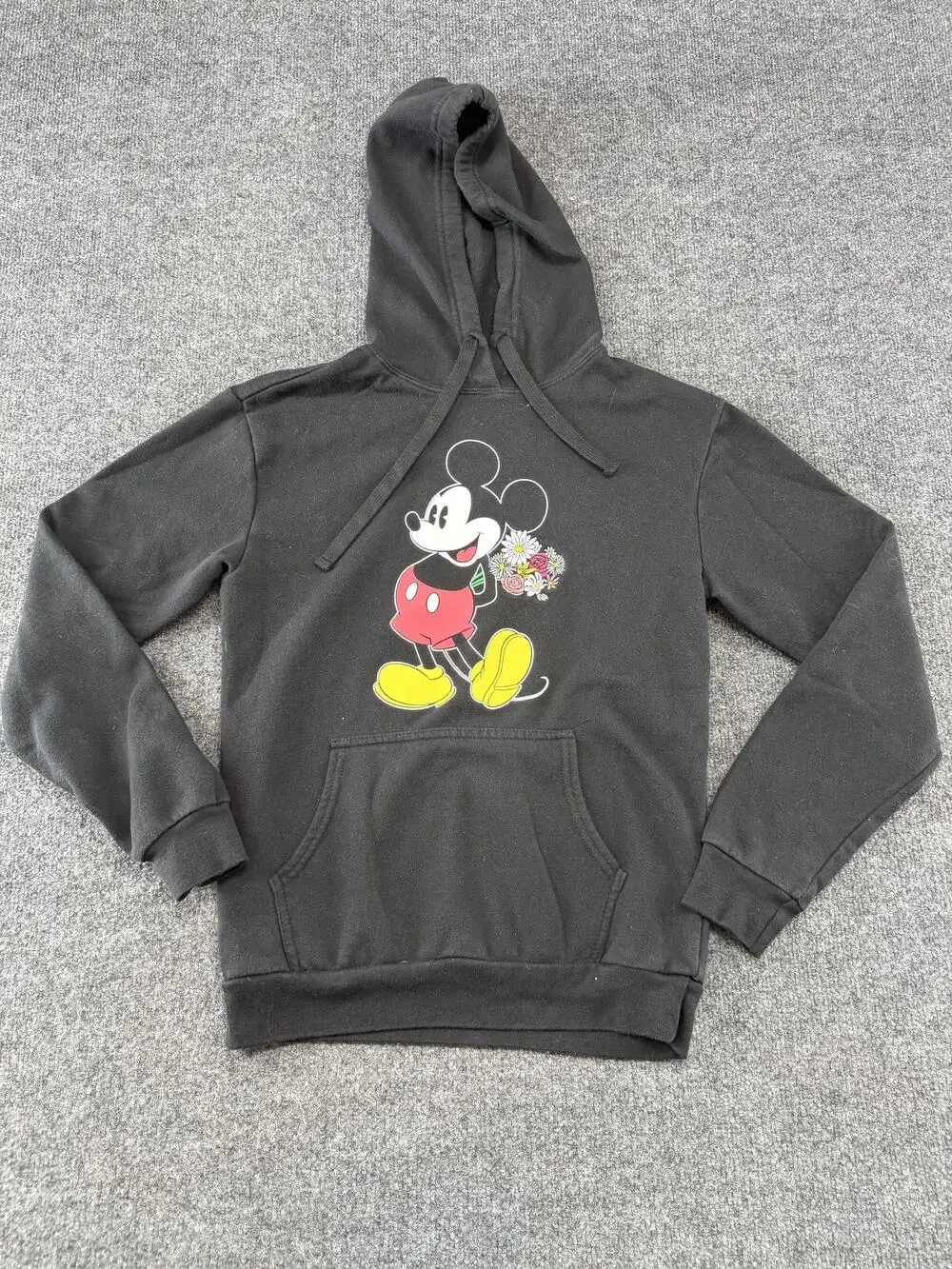 Disney Hoodie Juniors Small Black Mickey Mouse Floral Graphic Pullover Fleece